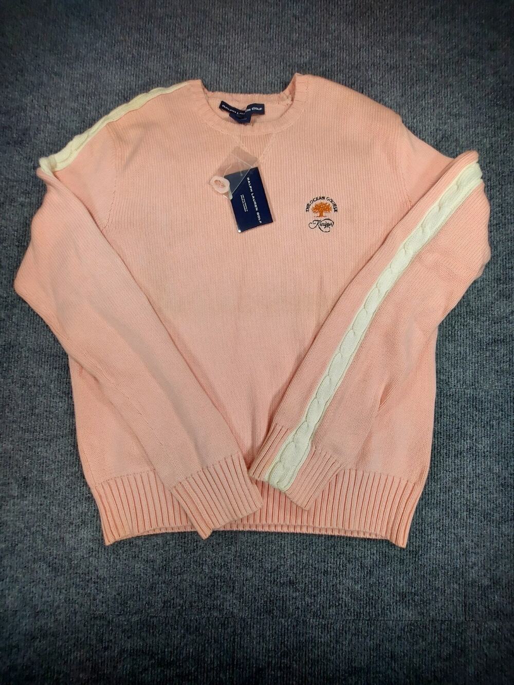 NWT Ralph Lauren Golf Crew Sweater Peach Cable Knit Stripe Kiawah Ocean Course